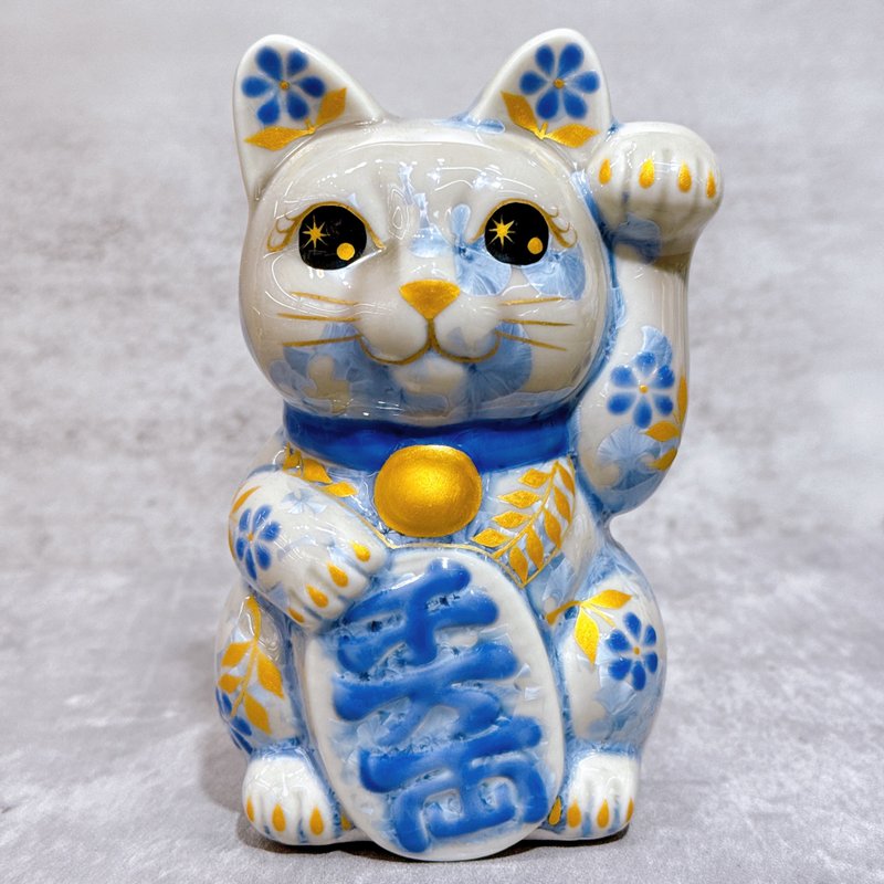 【藤韵聚宝】日本清水烧招财猫 |花结晶 银藤 - 体花 千万両 左 - 摆饰 - 瓷 蓝色