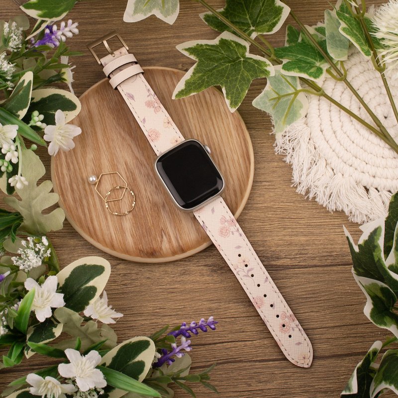 粉红色花朵印花米色苹果表带 Apple Watch 4/5/6/7/8/9/SE/Ultra - 表带 - 真皮 卡其色