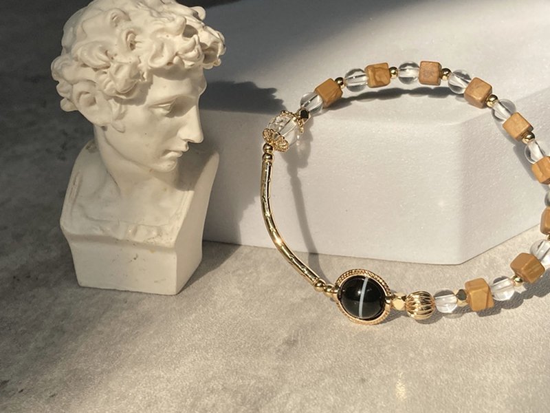 【一线药师 。手链】天然黑白缠丝玛瑙、木纹石、白水晶|手珠 - 手链/手环 - 其他材质 咖啡色