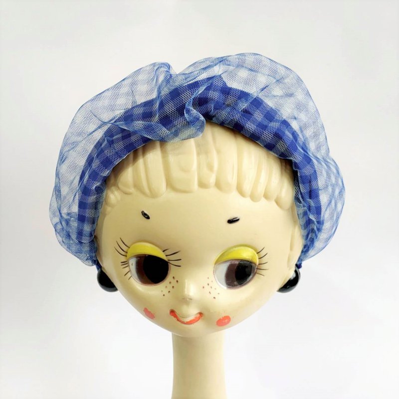 Petitbebe ~蓝格子网纱交错发带 - 发饰 - 棉．麻 蓝色