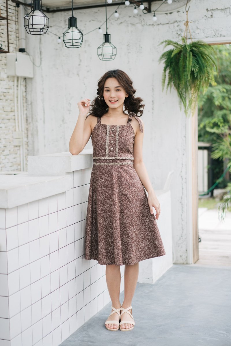 Cozy Cotton Dress Petite Floral Dress Brown Long Dress Tie Shoulder Henley Dress - 洋装/连衣裙 - 棉．麻 咖啡色
