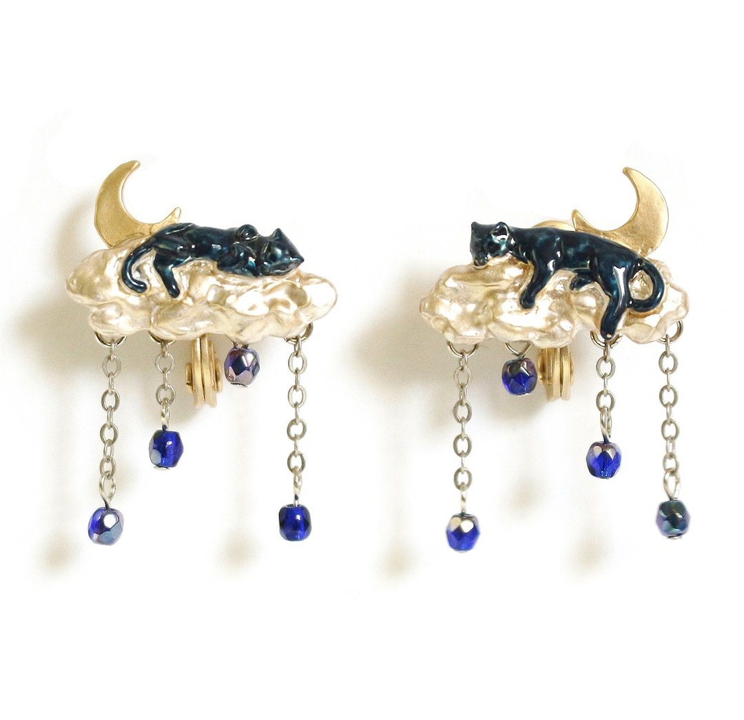 Cat & Cloud Earring cat and cloud Clip-On EA105 - 耳环/耳夹 - 其他金属 蓝色