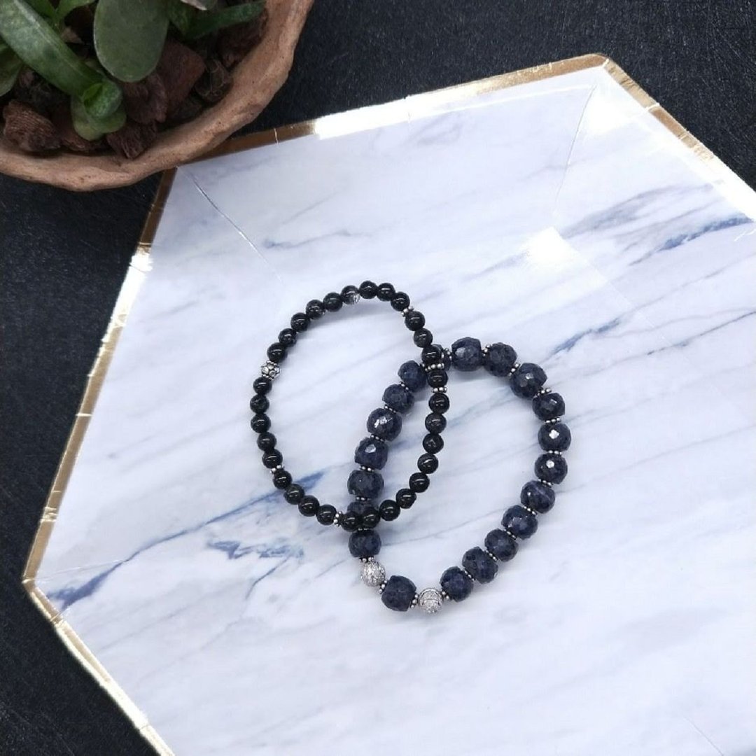 【独一商品】蓝宝石原矿+黑玉髓*纯银珠手串 - 手链/手环 - 半宝石 蓝色