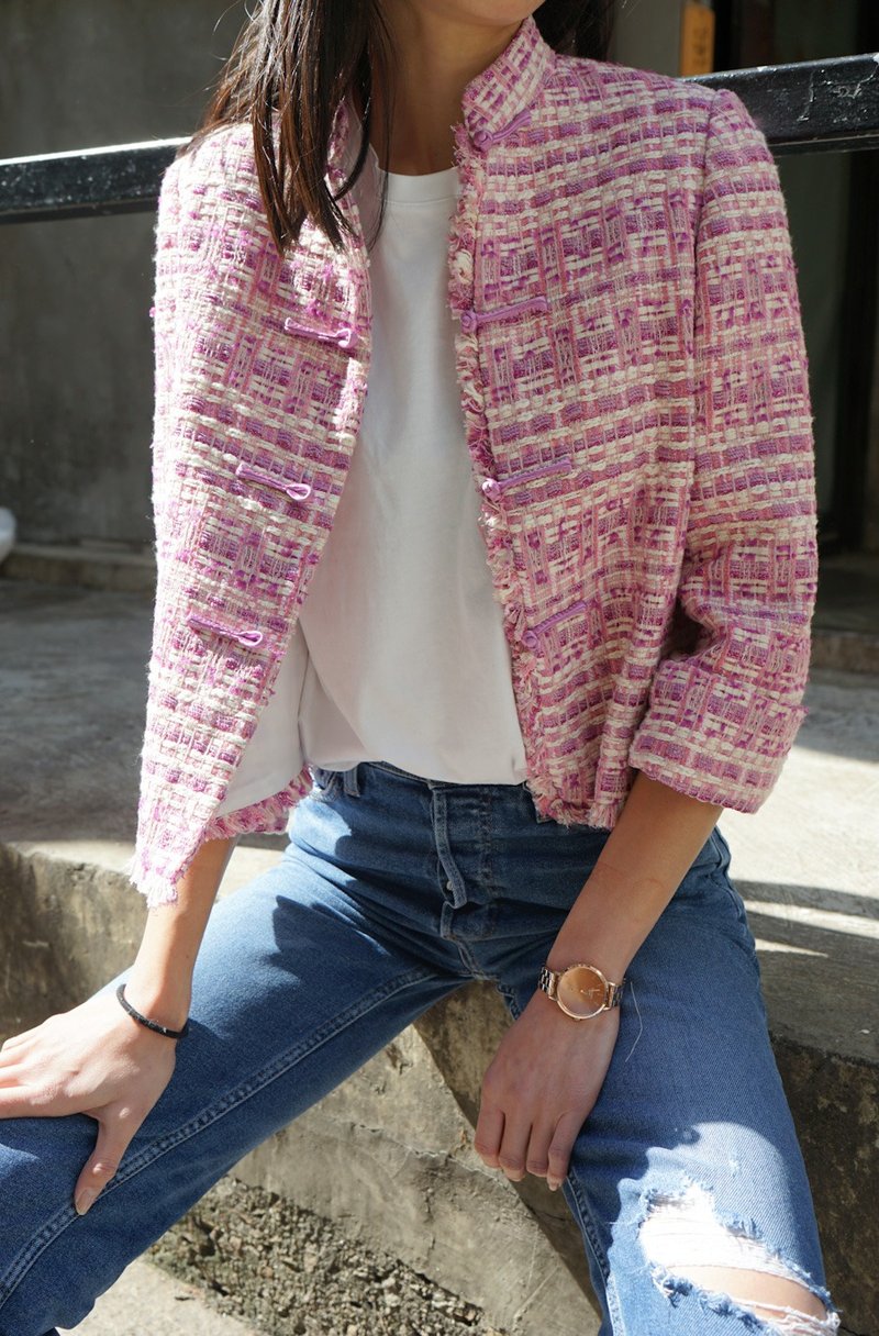 桃红花呢中式唐装外套 - 旗袍 - 棉．麻 粉红色