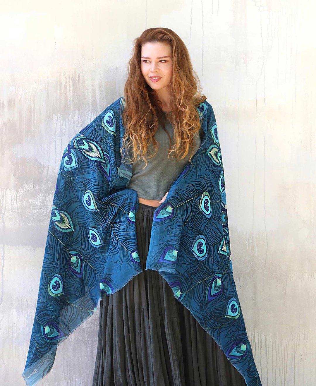 Aqua Peacock Shawl - 丝巾 - 棉 