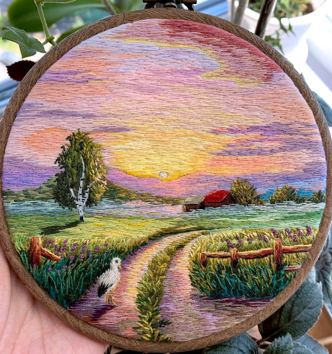 Sunset Landscape Embroidery Artwork, Thread Painting, Hand Embroidery Art 5.5 - 墙贴/壁贴 - 绣线 