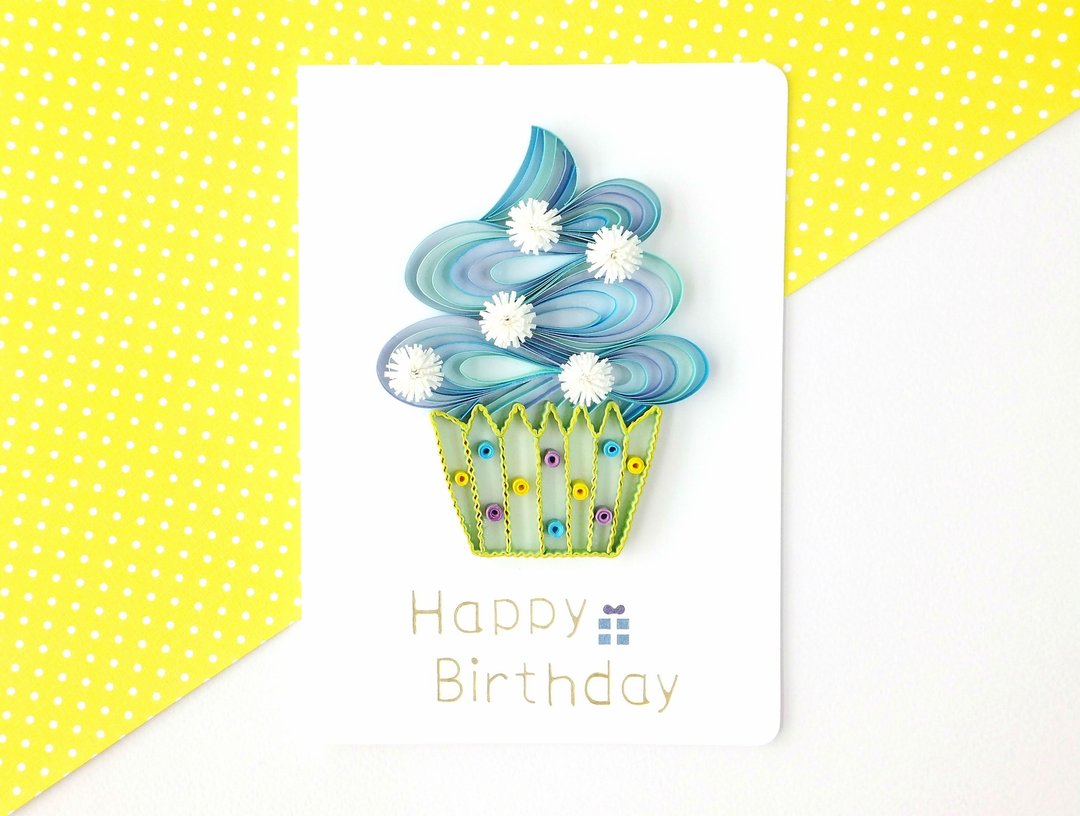 手作卷纸卡片-Happy Birthday 梦幻缤纷杯子蛋糕生日卡 蓝绿色 - 卡片/明信片 - 纸 蓝色