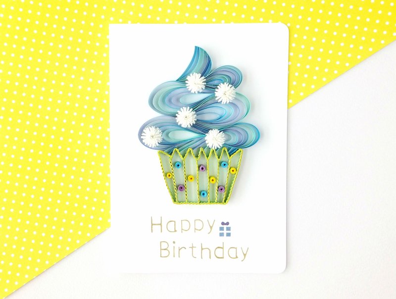 手作卷纸卡片-Happy Birthday 梦幻缤纷杯子蛋糕生日卡 蓝绿色 - 卡片/明信片 - 纸 蓝色