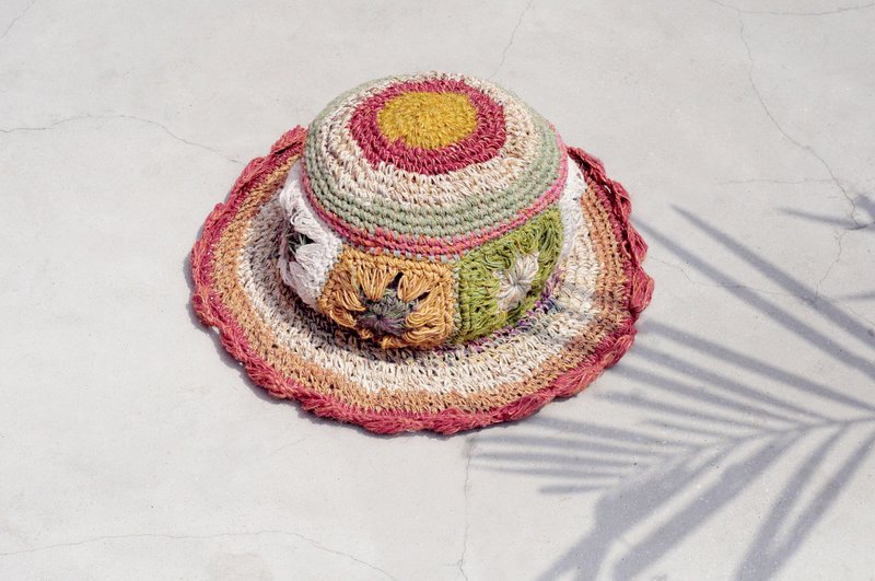情人节礼物 限量一件 手工编织棉麻帽/编织帽/渔夫帽/草帽/遮阳帽/钩织帽 -  绿色森林 缤纷花朵编织 - 帽子 - 棉．麻 多色