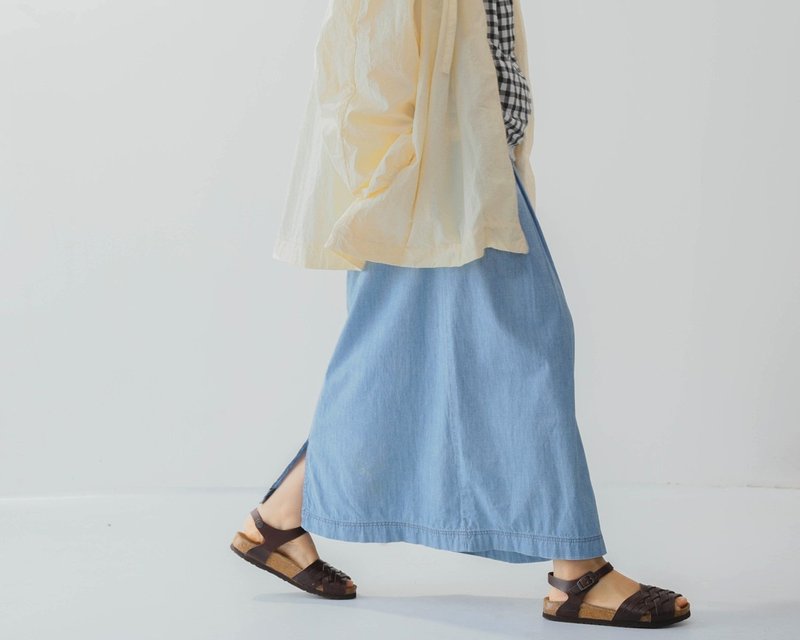 【牛仔蓝】美式复古 鬆緊腰棉质/高腰长裙 - 裙子 - 棉．麻 蓝色