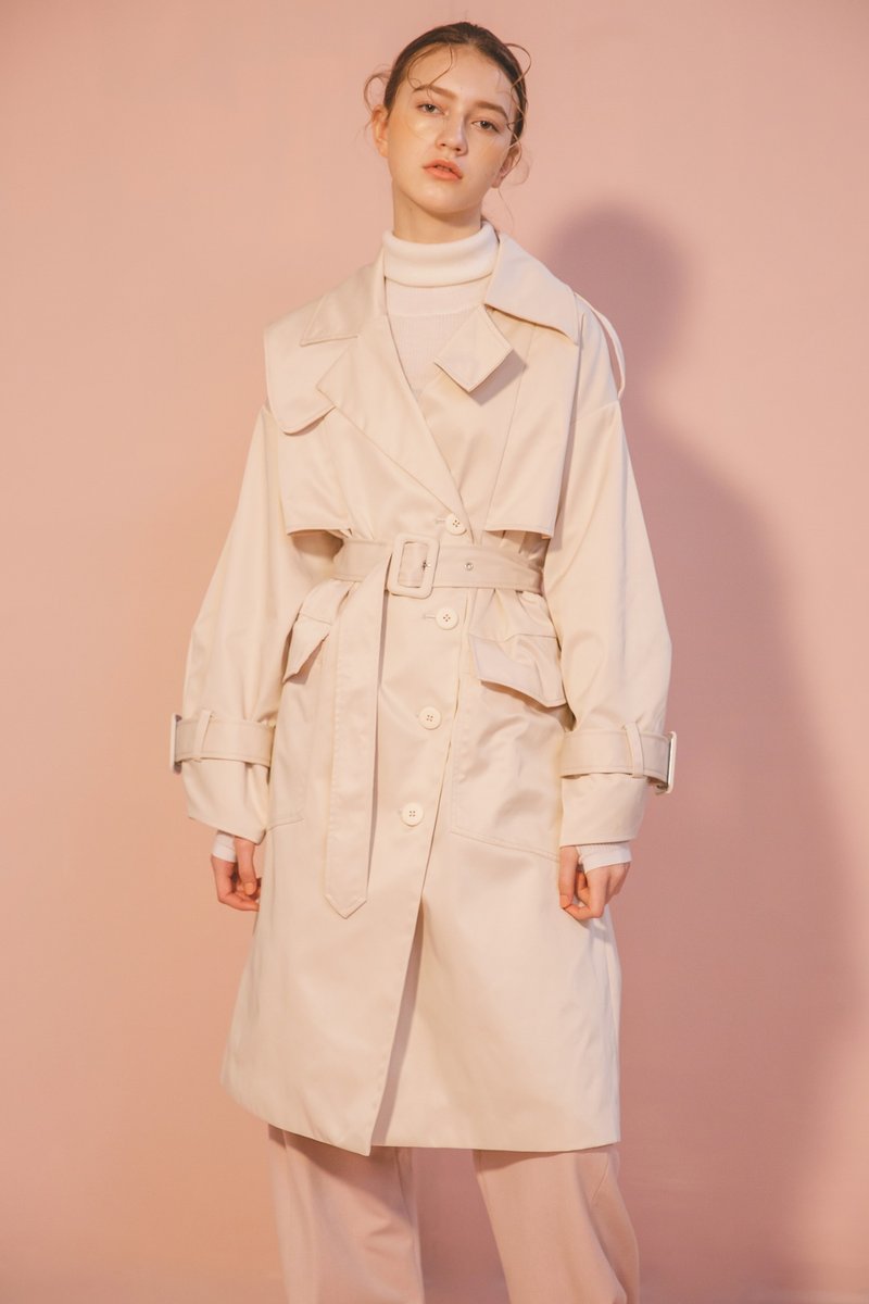 Sample Sale / 廓形袖系带风衣-米白 - 女装休闲/机能外套 - 聚酯纤维 白色