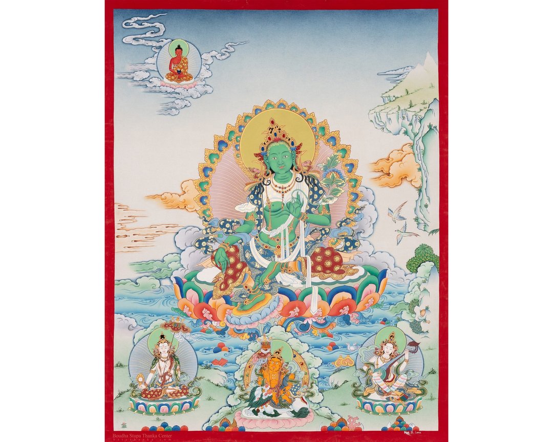 古董绿度母唐卡 - 启蒙的象征 - 墙贴/壁贴 - 其他材质 多色