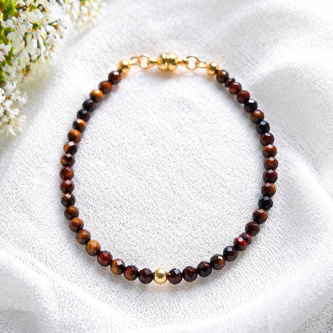 【日本制】Red Tiger Eye 手链 3mm / 16cm・尺寸可调 / 天然石・纤细・可叠戴 / 医疗级不锈钢 (对金属过敏者适用) / 磁吸扣环 - 手链/手环 - 宝石 咖啡色
