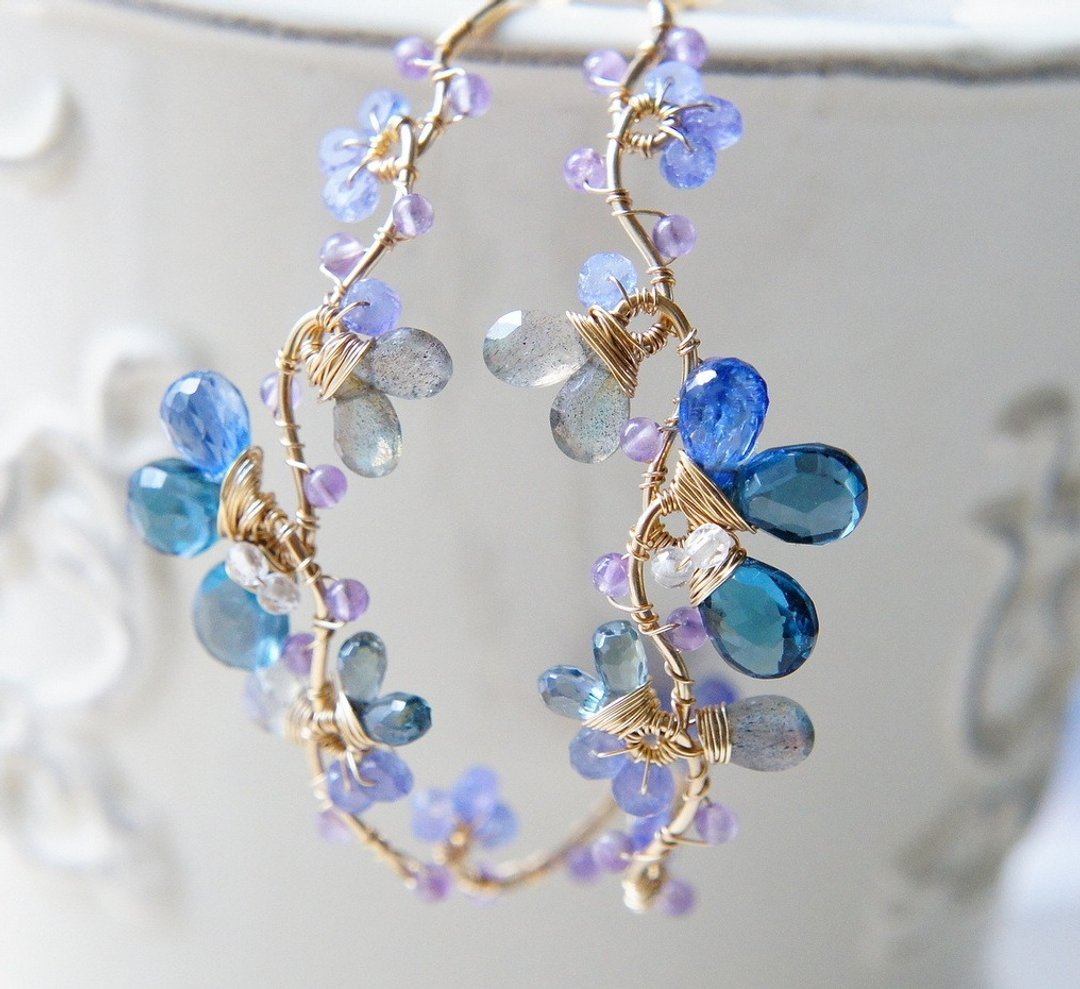 London Blue Topaz Statement Earrings 14k Gold Filled Hoop - 耳环/耳夹 - 宝石 蓝色