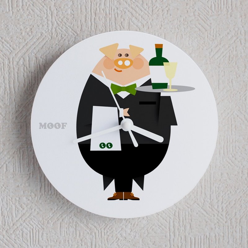 Muff Wall clock Illustration Wall clock Humorous simple design animal pig waiter Garcon - 时钟/闹钟 - 塑料 黑色