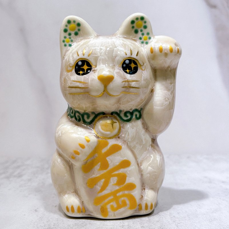 【杏晶福猫】日本清水烧招财猫 | 花结晶 杏 千万両 左 特小 - 摆饰 - 瓷 卡其色