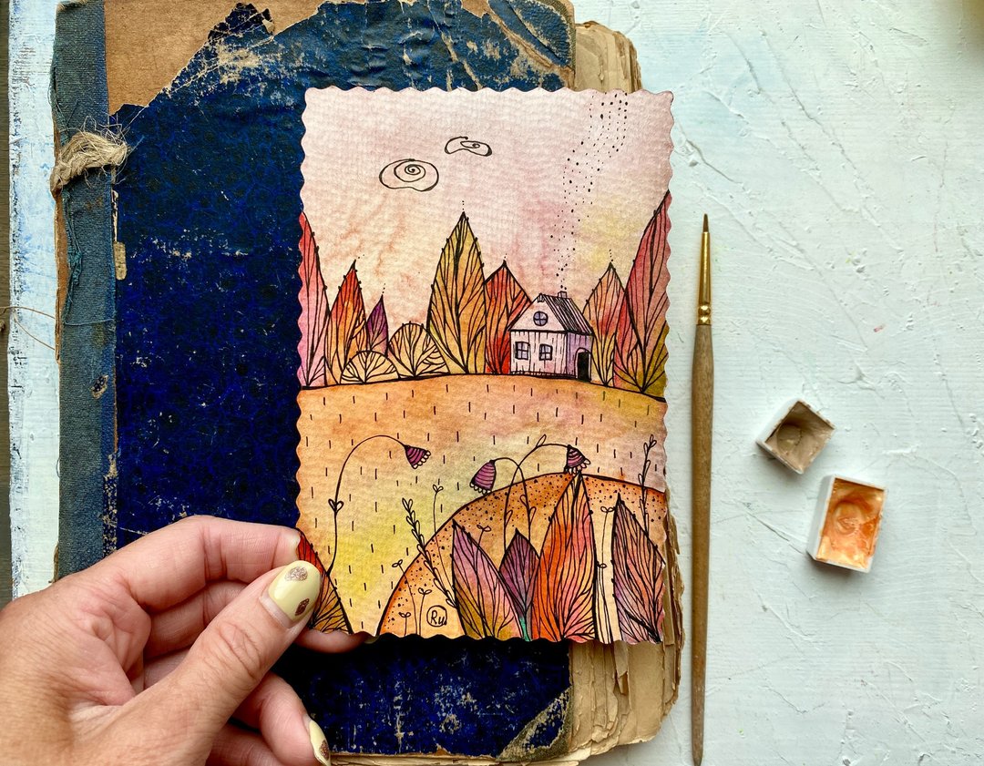 Fall painting Landscape Original art Miniature watercolor Red small artwork - 海报/装饰画/版画 - 纸 多色