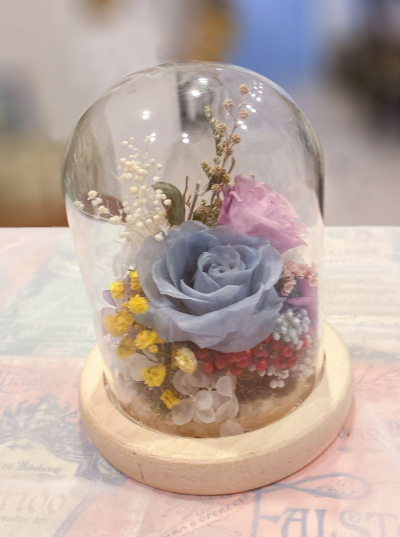 永生花玻璃盅 夜灯 永生玫瑰 原木槽灯 防尘罩 - 干燥花/捧花 - 植物．花 粉红色