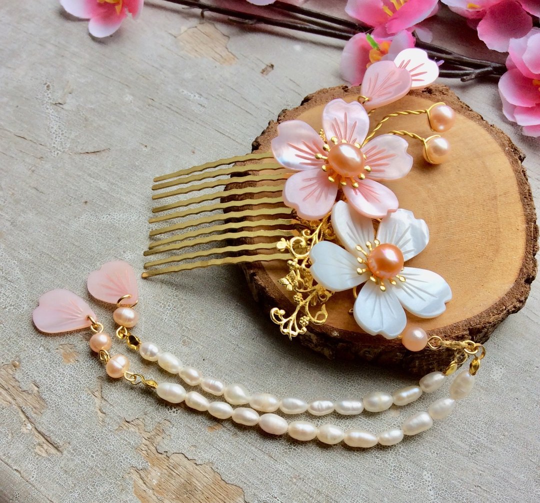 喵手作~中国风古风贝壳樱花发梳(双花/白+粉) - 发饰 - 其他材质 粉红色