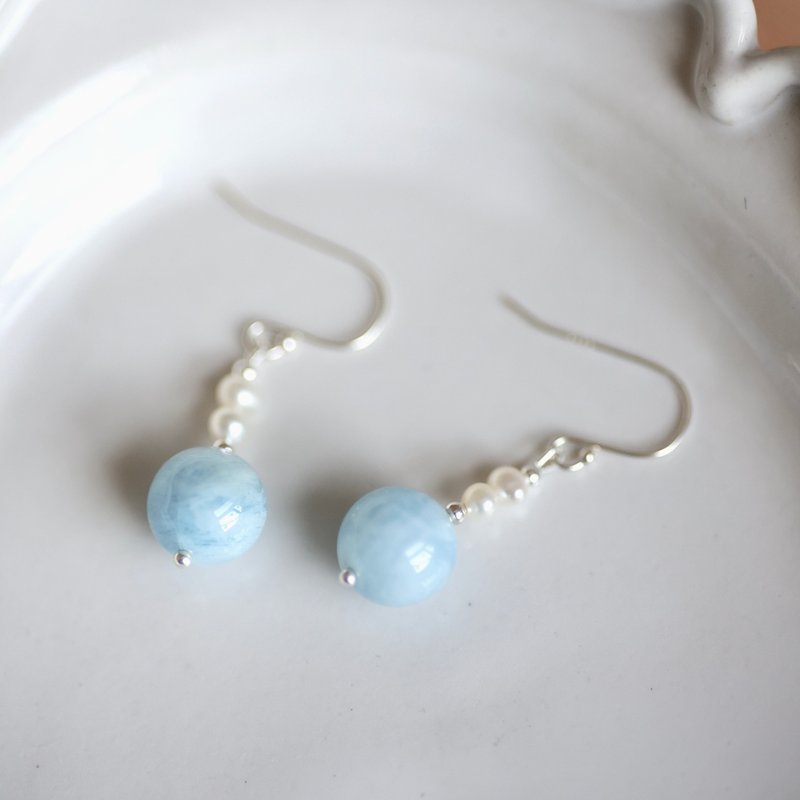 好天气珍珠海蓝宝纯银耳环　可改耳夹 - 耳环/耳夹 - 半宝石 蓝色