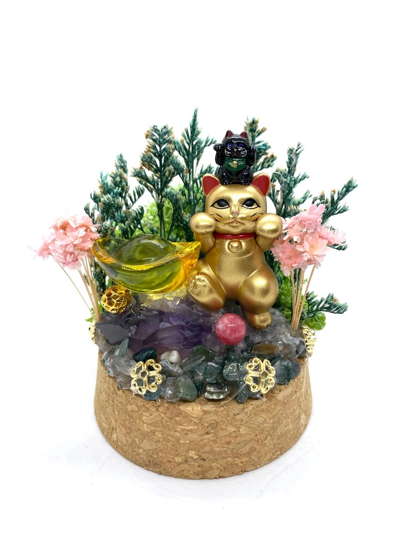 金色招财猫与金元宝/紫水晶/红纹石珠-水晶公仔干燥花摆设 - 摆饰 - 水晶 