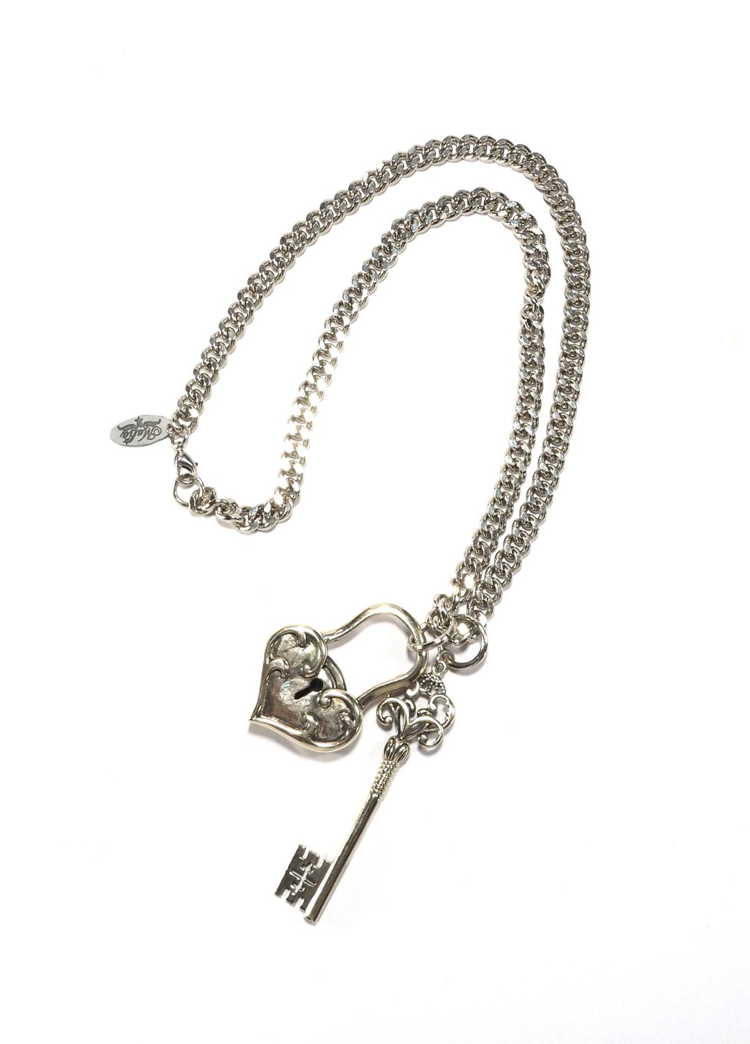 Heart Shaped Lock &amp; Key Necklace in White Bronze. - 项链 - 其他金属 