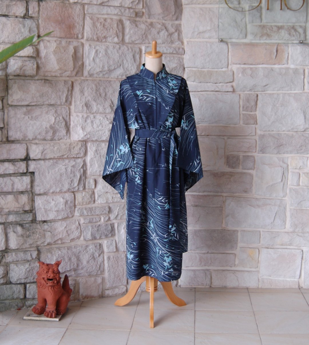 复古风鸢尾花/菖蒲图案 经典立领和服袖连身裙 和服改造 独一无二 仅此一件 - 洋装/连衣裙 - 其他材质 蓝色