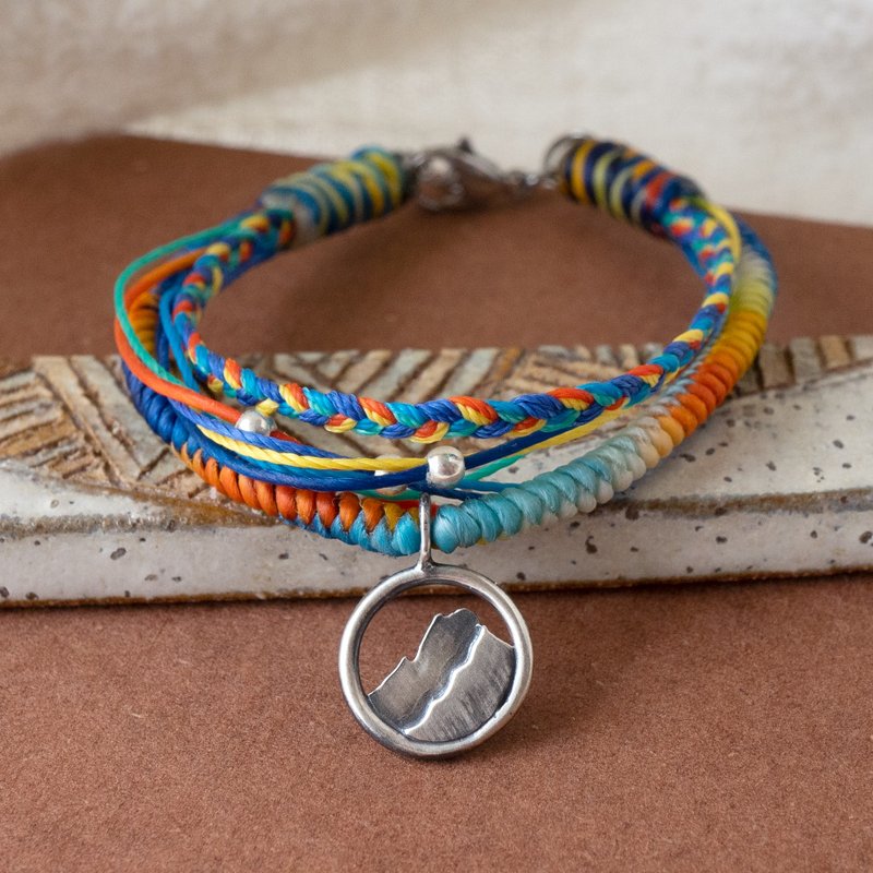 台湾百岳【迷你玉山】925纯银蜡线编织手链 送礼 - 手链/手环 - 纯银 银色