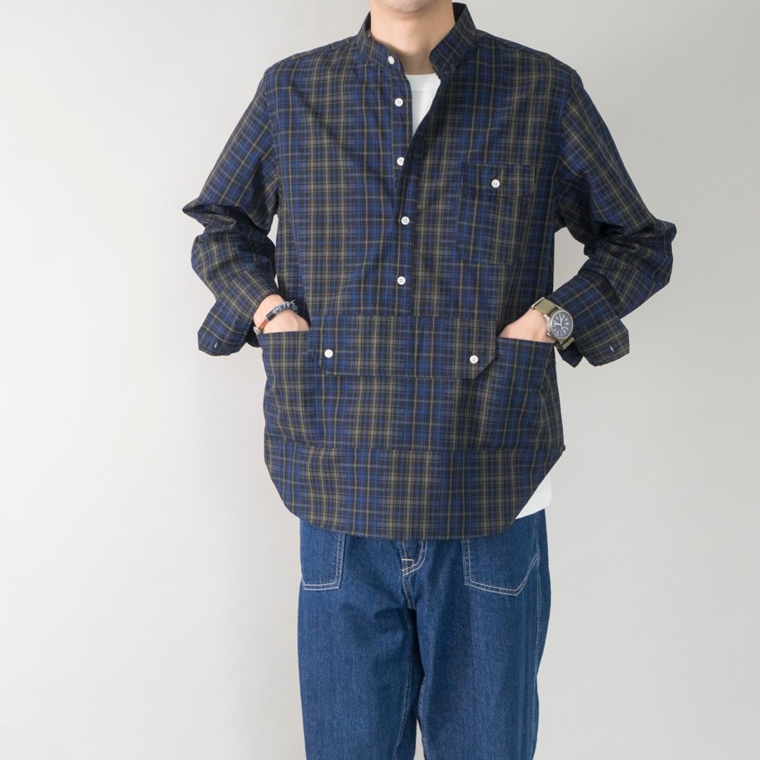 日系style 宽松版型套头格子工装衬衫 小立领多袋衬衫 - 男装衬衫 - 棉 蓝色