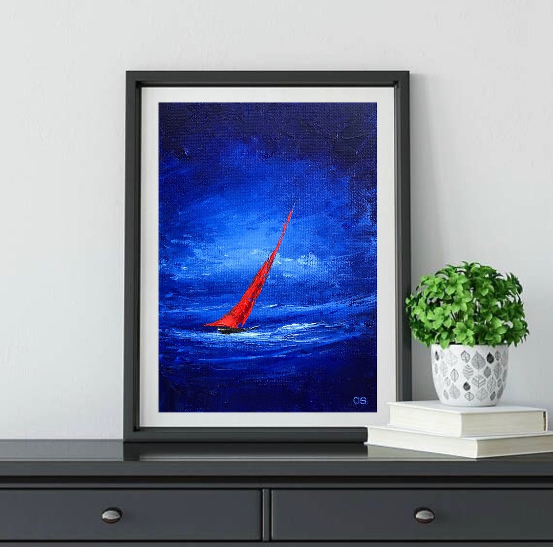 Original Seascape Oil Painting On Canvas Red Sailboat Blue Impasto Artwork - 墙贴/壁贴 - 棉．麻 多色