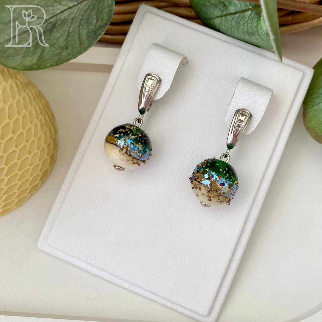 Dark 925 Silver Handmade Jewelry Gift / Sterling Silver Ball Dangle Earrings - 耳环/耳夹 - 纯银 绿色