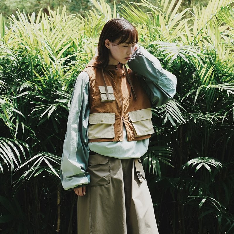 【机能风】女装短身有帽机能背心 - 棕色//黑色  (YJ355) - 女装休闲/机能外套 - 尼龙 咖啡色