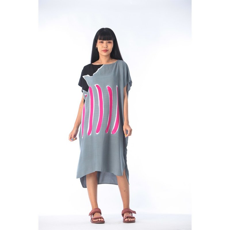 Hand Painted Cotton Rayon Kaftan for Summer Resort Vacation - 洋装/连衣裙 - 棉．麻 灰色
