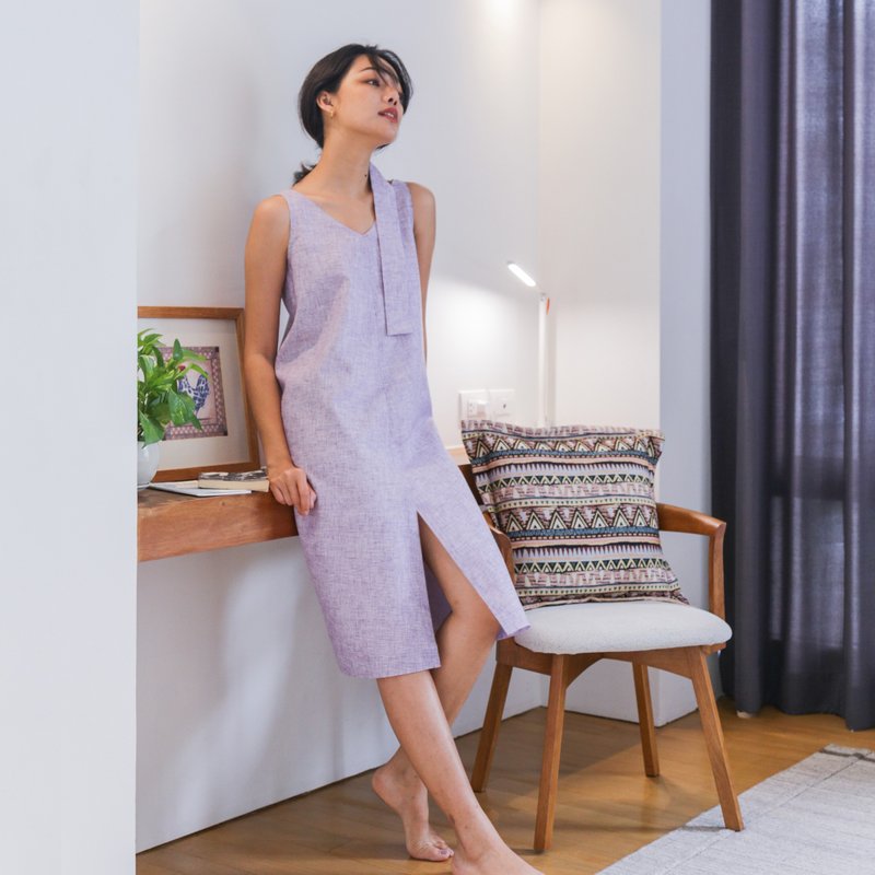 Odelle dress 侧身无缝亚麻连衣裙: 薰衣草紫色,全身衬里 /居家服 - 洋装/连衣裙 - 棉 紫色