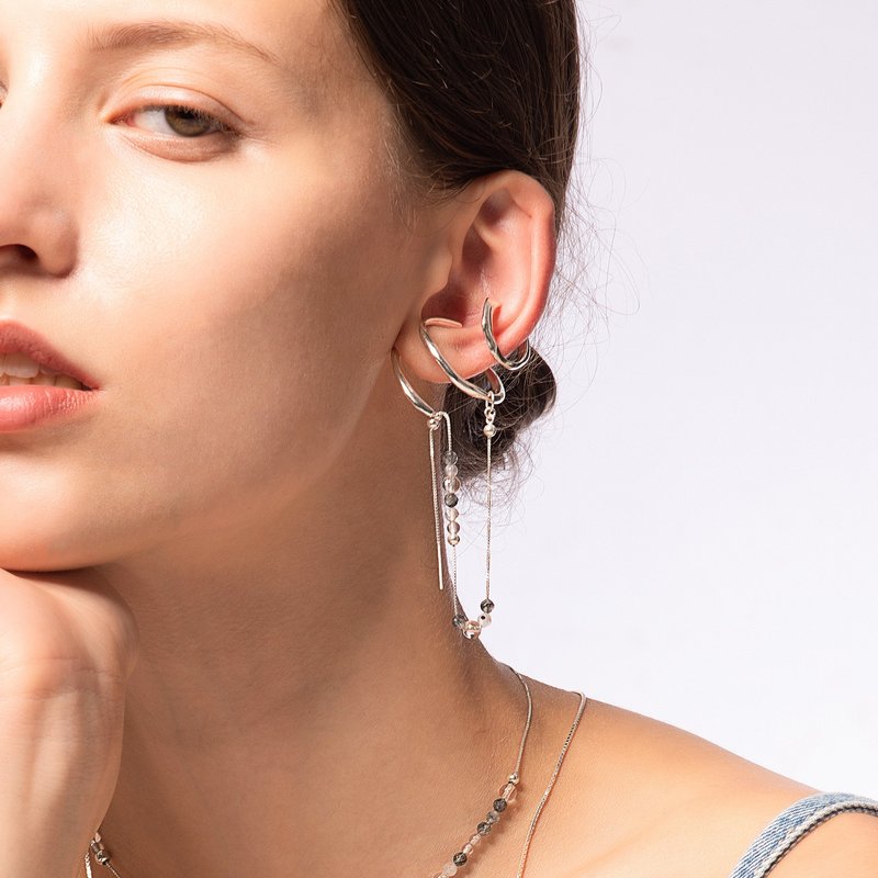 Bubble Nebula - 气泡星云系列 双圈耳夹+串珠耳线-银 - 耳环/耳夹 - 纯银 银色