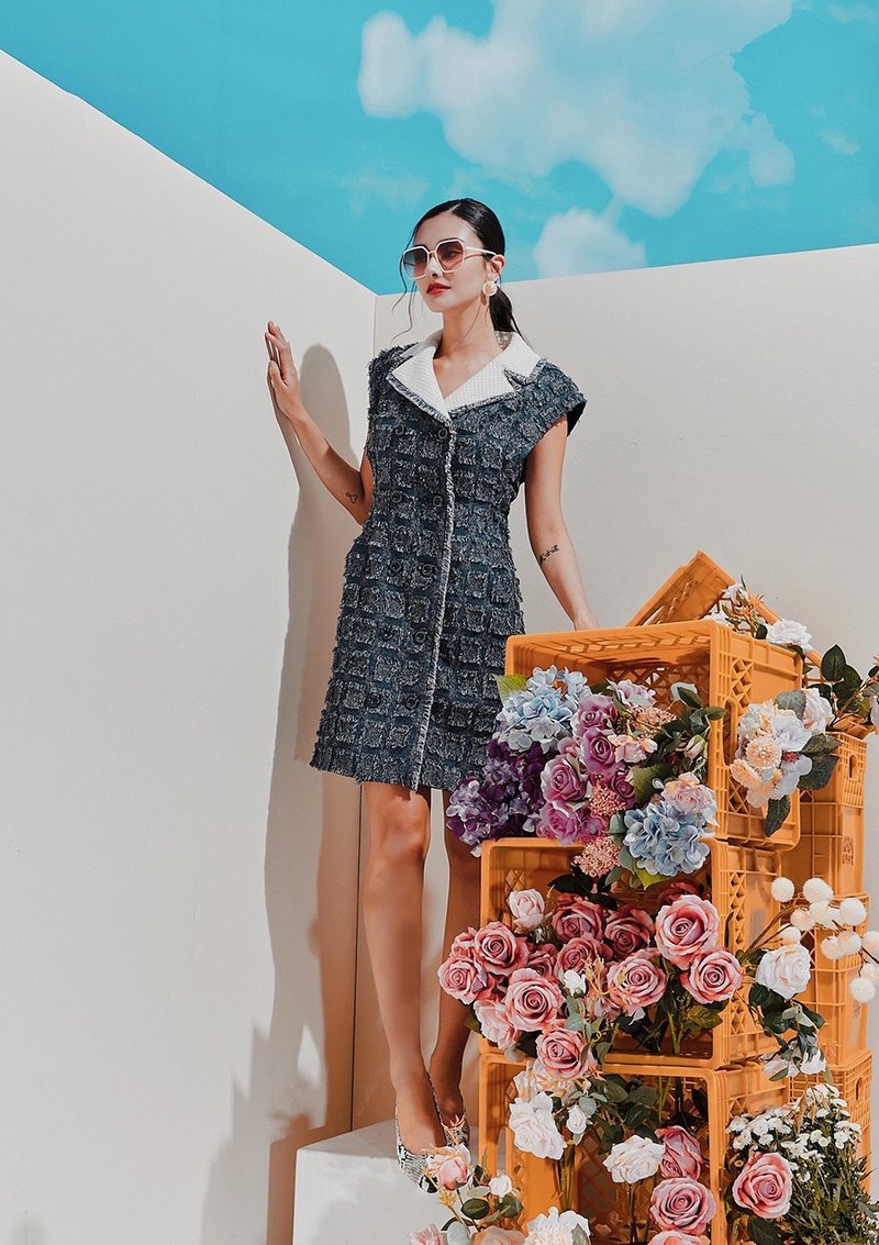 【C ME限量手感工艺洋装】璀璨蓝宝石毛背心洋装 - 洋装/连衣裙 - 其他人造纤维 蓝色