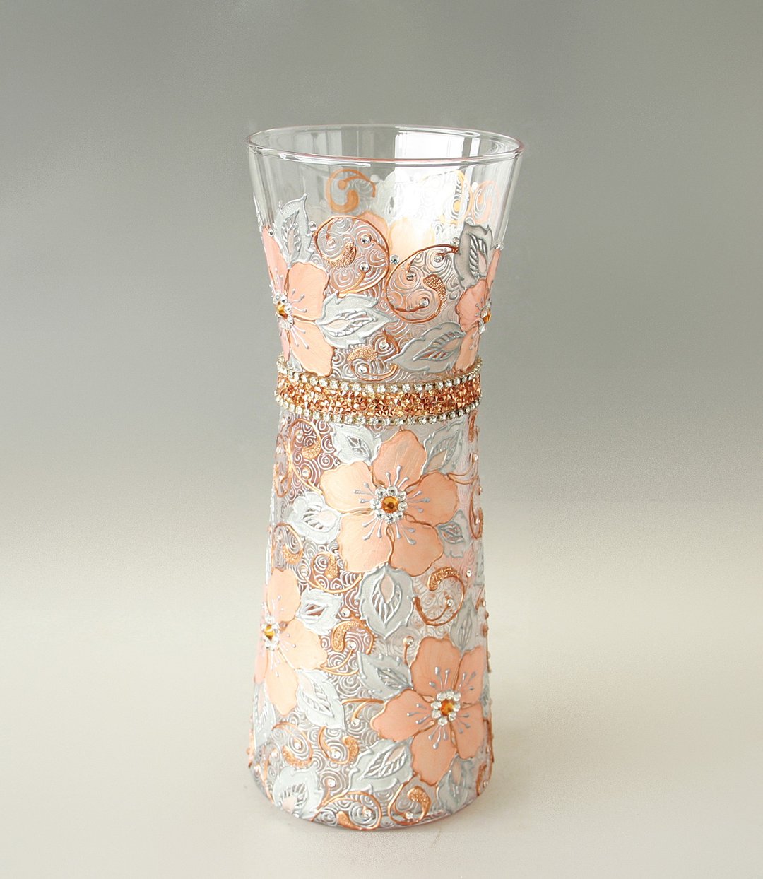 Glass Vase Rose Gold Silver Swarovski Crystals HandPainted - 摆饰 - 玻璃 银色