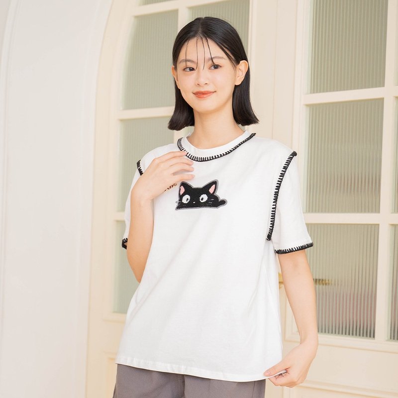 小黑猫 毛绣 车缝包边绣 圆领 上衣【9007101】 - 女装 T 恤 - 棉 白色