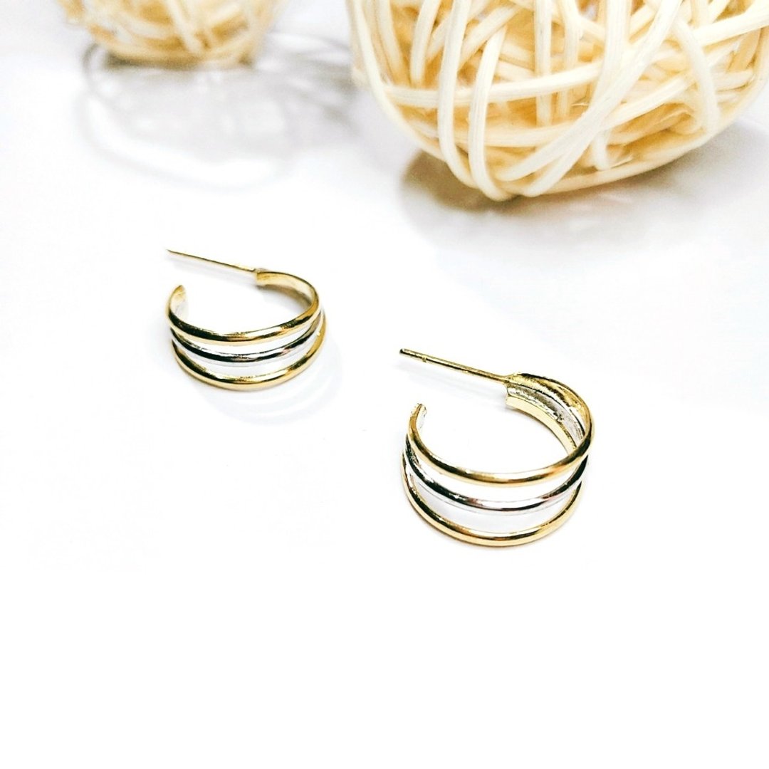 Eli Jewelry意大利进口正14K金欧美庞克双色C型多层次圆圈耳环 - 耳环/耳夹 - 贵金属 金色