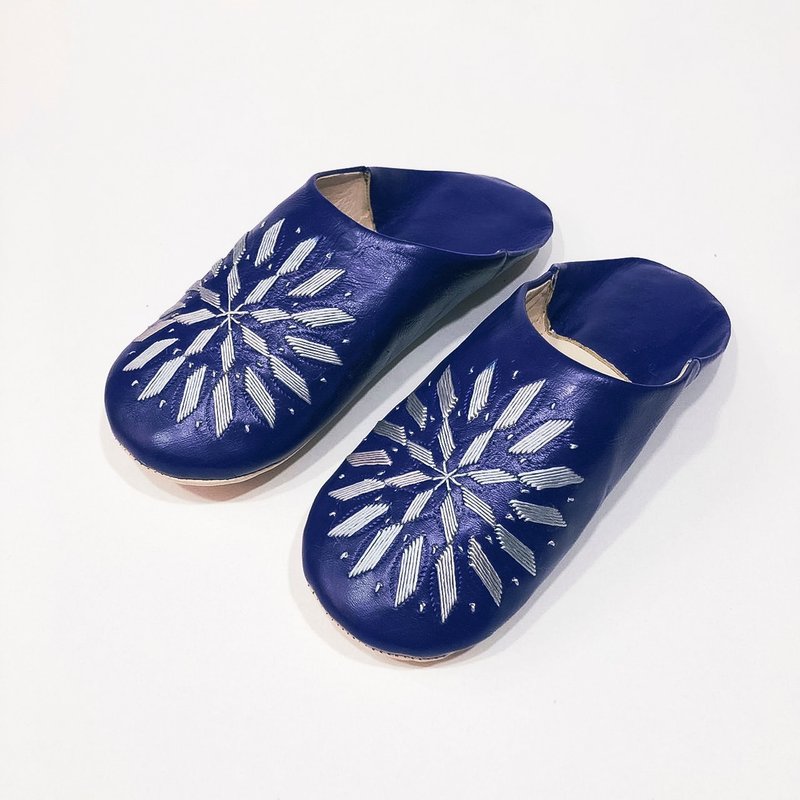 【Babouche 手工鞋】湛蓝小花 - 圆 / 摩洛哥 - 室内拖鞋 - 真皮 蓝色