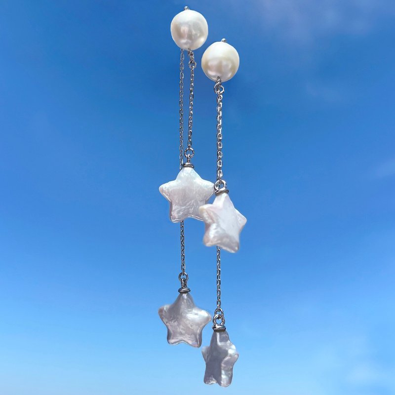 Dana双层星形珍珠耳环 – 纯银 - 耳环/耳夹 - 纯银 银色