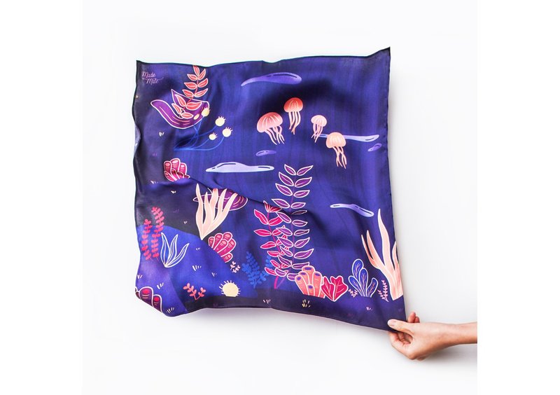 Heart of the Ocean Silk Satin Scarf (Purple), Pure Silk Satin, Square Scarf - 丝巾 - 丝．绢 紫色