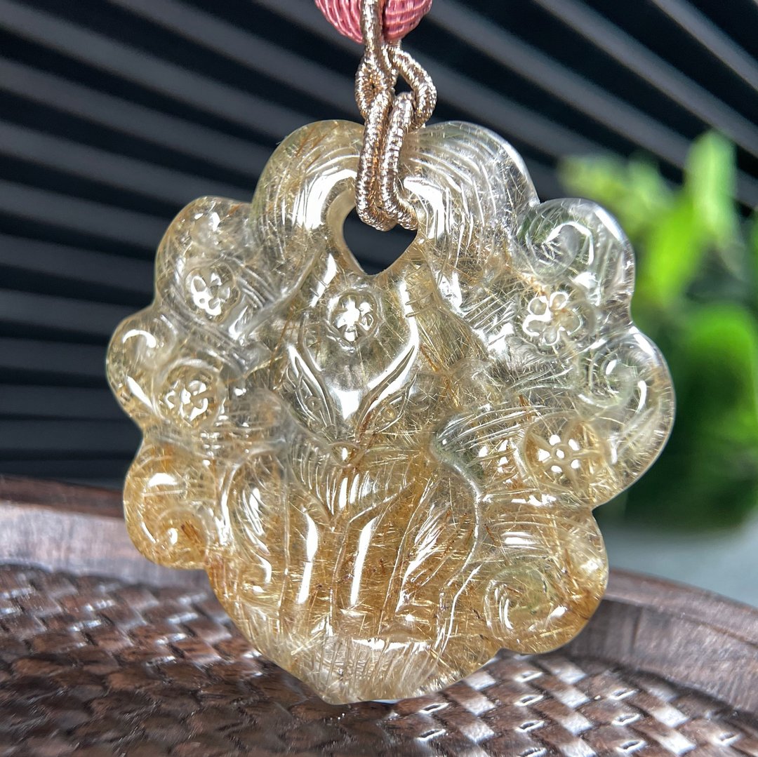 福利款 冰透金发晶九尾狐后吊坠 发丝金红石水晶项錬 富贵吉祥 - 项链 - 水晶 金色