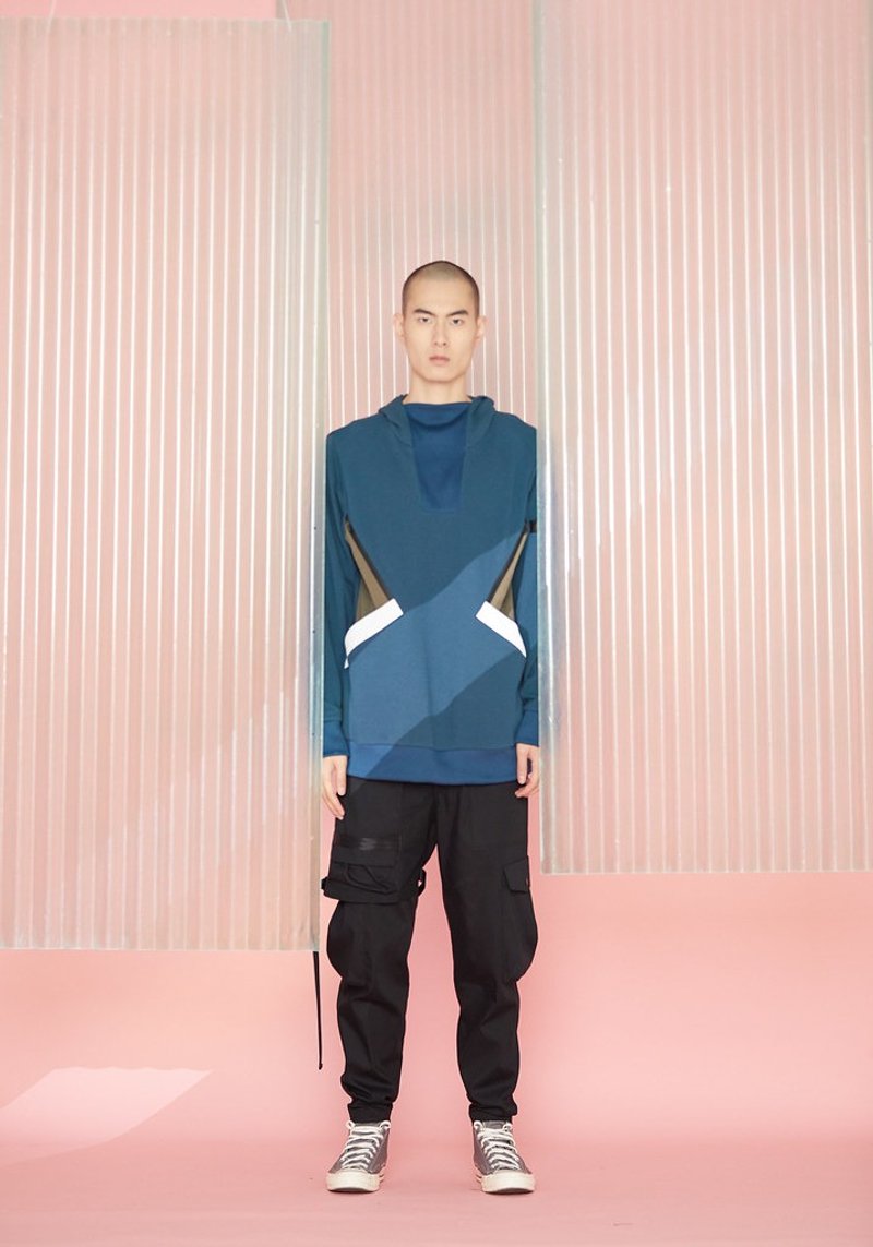 角括号连帽衫 - 蓝 - 男装针织衫/毛衣 - 棉．麻 蓝色