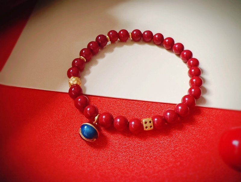 天然原矿朱砂. 帝王砂 古法银烧蓝铃铛设计单圈手串 - 手链/手环 - 木头 红色