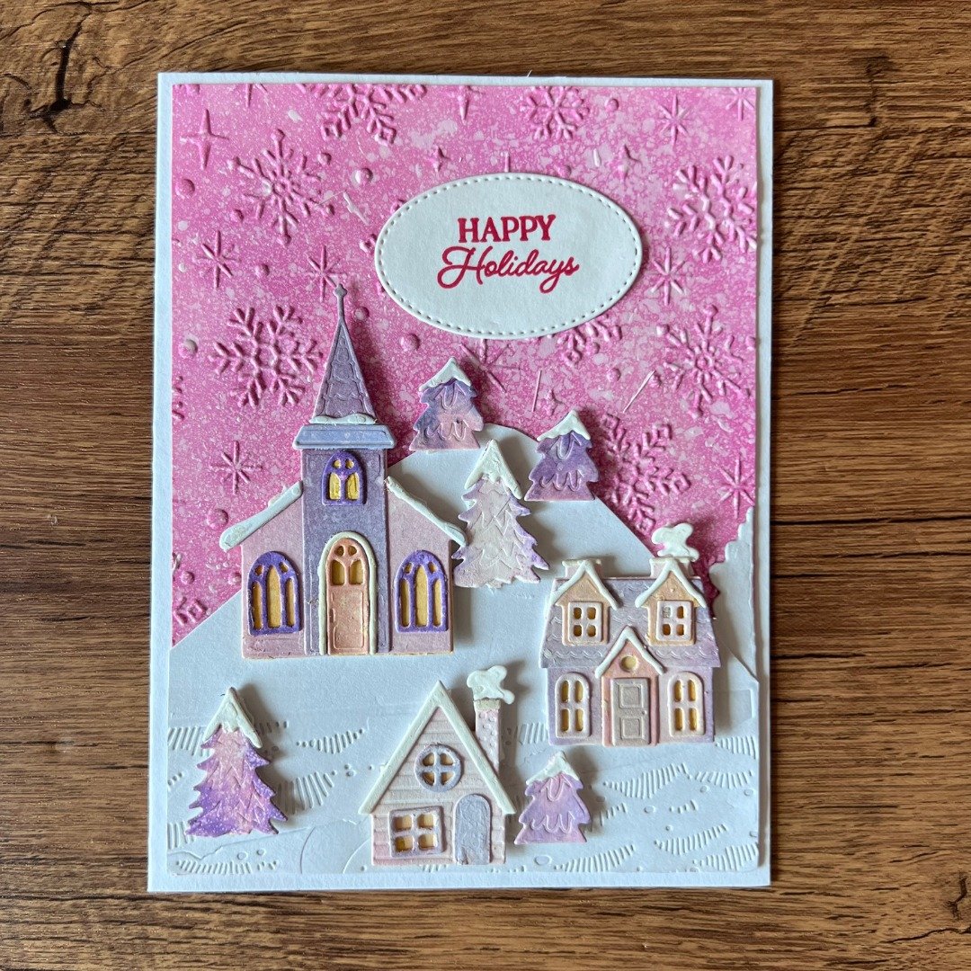 Happy Holidays 圣诞粉红村庄 圣诞卡 - 卡片/明信片 - 纸 粉红色