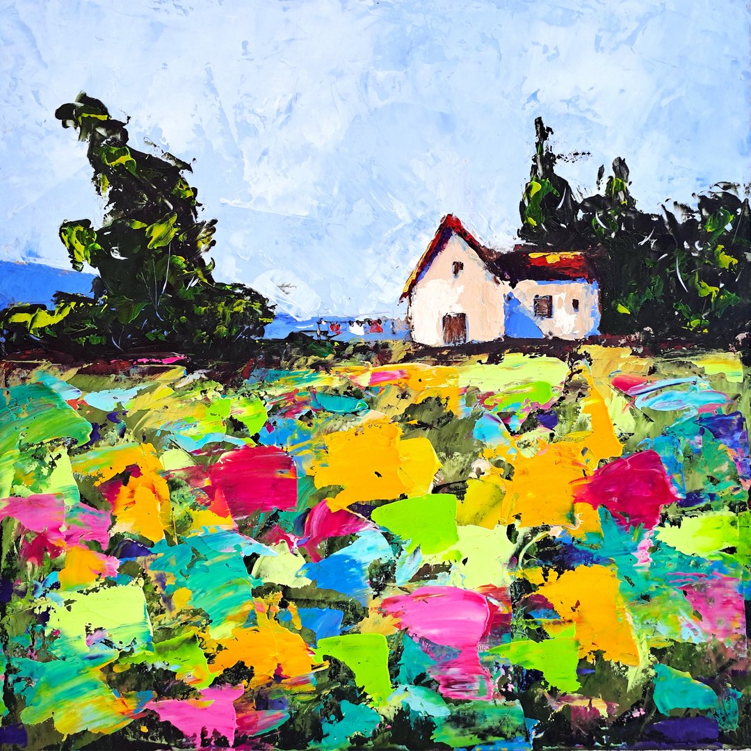 Texas Painting Wildflowers Original Art Cottage Oil Painting Landscape - 海报/装饰画/版画 - 其他材质 多色