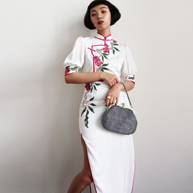 南瓜Vintage。古董绣花旗袍 - 旗袍 - 聚酯纤维 白色
