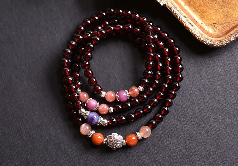 菱锰矿+红宝石+紫水晶+红石榴石108颗念珠/佛珠/多圈手链 - 手链/手环 - 水晶 红色