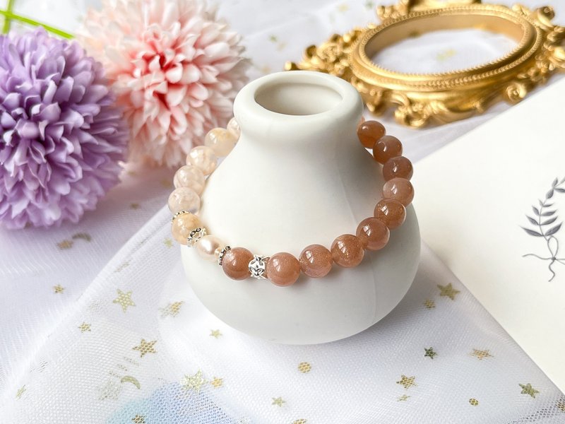 【流光】天然橙月光石 樱花玛瑙 淡水珍珠 S925纯银设计款手链 - 手链/手环 - 水晶 多色